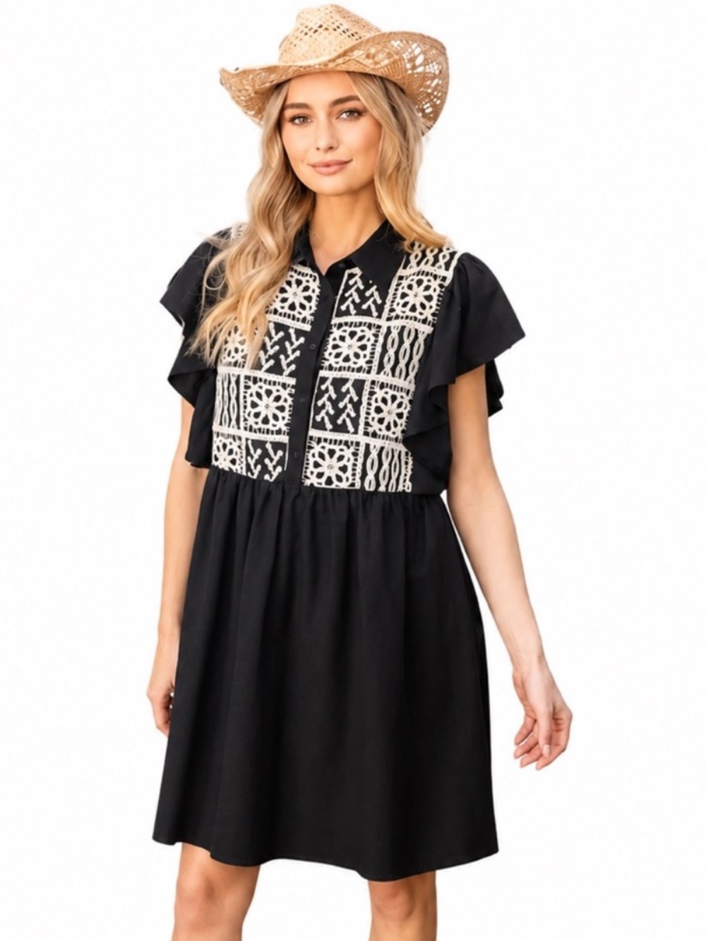 VOY Naomi Black Embroidered Crochet Shirt Dress Boho Cottagecore Babydoll S NWOT